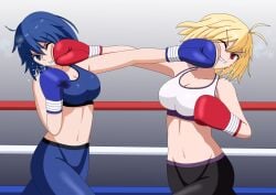 2girls ahoge angry arcueid_brunestud battle blonde_hair blue_eyes blue_hair boxing boxing_gloves boxing_ring boxing_shorts breasts ciel_(tsukihime) cleavage crosscounter double_face_punch face_punch fighting gym_uniform hiromon in_the_face large_breasts melty_blood multiple_girls navel punch punching punching_face red_eyes ryona short_hair shorts steam tank_top tsukihime tsukihime_(remake)