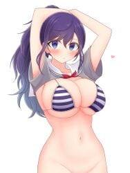 1girls asahina_mafuyu bikini bikini_top blush bottomless bottomless_female bow breasts chiaki_himanagi cleavage female large_breasts long_hair navel no_bikini_bottom ponytail project_sekai purple_eyes purple_hair simple_background solo solo_female solo_focus striped_bikini white_background