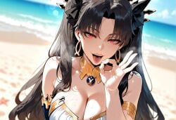 1girls ai_generated armlet asymmetrical_sleeves bangs bare_shoulders beach bikini black_hair black_ribbon blue_sky blush bow bracelet breasts clavicle cleavage clothing cloud collarbone crown curvaceous curvaceous_female curvaceous_figure curvy curvy_figure day detached_collar detached_sleeves dress earrings exhibitionism eyebrows fate/grand_order fate_(series) fellatio_gesture female female female_focus female_only gold_trim hair_ornament hair_ribbon hairbow headwear hoop_earrings imminent_fellatio inviting inviting_to_sex ishtar_(fate) jewelry large_breasts lips long_hair looking_at_viewer miyuai nail_polish naughty_face neck_ring necklace ocean open_mouth oral_invitation outdoors outside parted_bangs presenting presenting_breasts presenting_self red_eyes ribbon sand seductive seductive_look seductive_smile sexually_suggestive sidelocks single_detached_sleeve sky smile solo sweat swimsuit teeth tiara tongue tongue_out twintails two_side_up uneven_sleeves upper_body voluptuous voluptuous_female water wet white_bikini