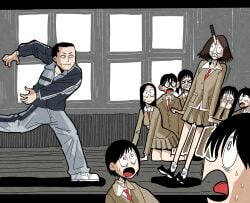 4girls 5boys battle_royale blood brown_skirt expressionless flat_color glasses grey_background grey_jacket hansoom_(latebirdwakeup) highres jacket kitano_(battle_royal) knife multiple_boys multiple_girls necktie red_necktie school_uniform skirt surprised throwing_knife weapon window