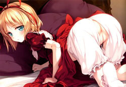 all_fours anus ass beige_skin blonde_hair blue_eyes clothes color doll doll_joints dress female female_only innie_pussy ke-ta looking_back medicine_melancholy nopan puppet scan short_hair solo touhou uncensored vulva