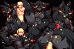 3:2 animate_inanimate anthro anus biped black_body black_ears black_fur black_hair black_sclera black_tail bodily_fluids breasts canid canid_demon canine claws clenched_teeth colored cum cum_in_pussy cum_inside demon duo erection female female_anthro female_focus front_view fur gender_transformation genital_fluids genitals glistening glistening_body glowing glowing_anus glowing_eyes glowing_genitalia glowing_penis glowing_pussy glowing_tongue hair hand_on_butt hand_on_own_butt hellhound hi_res human human_to_anthro japanese_description living_clothing looking_at_viewer looking_back lying male male_human mammal mostly_nude mtf_transformation mxl mythological_canine mythological_creature mythology nipple_tassels nude offscreen_character on_back open_mouth paws penis pussy raised_leg rear_view satisfied_look sex simple_background smile species_transformation spread_pussy spreading standing suit_transformation sweat tail takeover teeth tongue tongue_out transformation yellow_eyes zipper