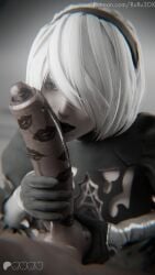 1boy1girl 3d 3d_(artwork) black_penis blender blender_(software) cock_worship lipstick lipstick_mark lipstick_marks lipstick_on_balls lipstick_on_penis nier:_automata ruru3dx white_hair yorha_2b