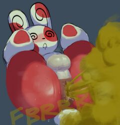 anthro anus ass balls blue_background blush bodily_fluids fart fart_cloud fart_fetish fur generation_3_pokemon genitals hi_res legs_up lying male markings nintendo on_back open_mouth perineum pokemon pokemon_(species) red_body red_fur scut_tail short_tail simple_background solo sound_effects spinda spiral_eyes spots spotted_body spotted_fur sweat sweaty_anus sweaty_balls sweaty_butt sweaty_genitalia tail text tiosqr white_body white_fur