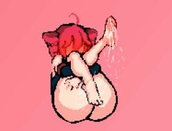 1girls 2d 2d_(artwork) 2d_animation ahoge animated ass big_ass blush bottomless clothing covering_face curled_up embarrassed embarrassed_female exposed_ass feet female female_only foot_fetish grabbing_legs grabbing_own_leg haruyo514 huge_ass kasane_teto large_ass pink_background red_hair soles solo solo_female swinging_legs thick_thighs thighs twin_drills utau