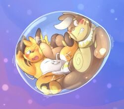 ambiguous_gender animate_inanimate anthro blush buizel claustrophobia duo feet food foot_fetish foot_in_face generation_1_pokemon generation_4_pokemon gralicbutter handles_on_back handles_on_thighs hi_res implied_transformation inflatable living_inflatable living_pool_toy lock_bulge lock_symbol lying nintendo null_bulge null_bulge_frottage on_back pastry pawpads pokemon pokemon_(species) raichu toychu_(character)