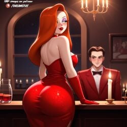 1boy ai_assisted ai_generated artist_request ass bare_shoulders black_bowtie blush bow bowtie breasts brown_hair candle candlelight candlestand cocktail_dress dress eyeshadow female formal gloves green_eyes hair_over_one_eye huge_ass indoors jessica_rabbit large_breasts lipstick long_hair looking_back makeup red_dress red_gloves red_hair red_lips smile strapless strapless_dress