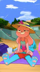anais_watterson anthro anthro_on_anthro anthro_penetrated anthro_penetrating anthro_penetrating_anthro balls beach bunny cartoon_network drockdraw erection felid_humanoid feline gumball_watterson incest swimsuit swimwear the_amazing_world_of_gumball young young_anthro