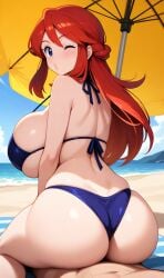 ai_generated beach bikini fat_ass huge_breasts lap_sitting looking_back lorelei_(pokemon) pokemon puckered_lips red_hair sitting_on_lap wink