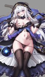 absurdres adina_savic bare_shoulders black_gloves black_panties black_survival black_thighhighs black_veil blue_dress blue_eyes blue_veil breasts cleavage commission disembodied_hand dress eternal_return:_black_survival female gloves groping hand_on_another's_stomach hand_on_another's_thigh hands_up highres lilac_(k32420276) long_hair looking_at_viewer lying medium_breasts navel no_bra on_back orb panties panty_pull pixiv_commission skindentation solo spaghetti_strap stomach string_panties thighhighs thighs underwear veil very_long_hair white_hair
