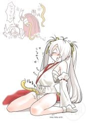 aged_down alternate_costume blush detached_sleeves female female_only fundoshi gegege_no_kitarou genderswap_(mtf) hair_over_one_eye hakama japanese_clothes kitarou_tanjou_gegege_no_nazo long_hair medama_oyaji_(human) mi_am5 miko miko_outfit open_mouth rule_63 sarashi sitting small_breasts snare solo tears twintails very_long_hair wariza white_hair