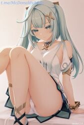 1female 1girls ai_generated anklet aqua_hair arm_support ass bare_shoulders blush bracelet breasts closed_mouth clothing_cutout collarbone commentary_request cowlick dress faruzan_(genshin_impact) feet_out_of_frame female female female_focus female_only genshin_impact green_eyes hair_ornament jewelry knees_together_feet_apart knees_up legs long_hair looking_at_viewer neck_ring panties pantyshot short_sleeves shoulder_cutout sidelocks sitting small_breasts solo thighlet thighs twintails underwear white_dress white_panties x_hair_ornament zelanell