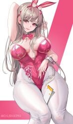 absurdres animal_ears arm_behind_head bare_shoulders between_legs blush bow bowtie breasts cellphone cleavage closed_mouth cowboy_shot detached_collar earrings ekuskarma fake_animal_ears female goddess_of_victory:_nikke highleg highleg_leotard highres horns jewelry large_breasts leotard light_brown_hair lips long_hair mole mole_under_eye nail_art nail_polish official_alternate_costume pantyhose phone pink_bow pink_bowtie pink_horns pink_leotard playboy_bunny rabbit_ears red_eyes red_lips sidelocks single_earring smartphone smile solo strapless strapless_leotard thighs twitter_username viper_(nikke) viper_(toxic_rabbit)_(nikke) white_nails white_pantyhose wide_hips wrist_cuffs