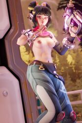 1girls 3d abs belly breasts brown_nipples dark_hair dark_nipples exhibitionism fearless_juno female finger_on_lip flashing flashing_breasts juno_(overwatch) le_sserafim looking_at_viewer navel overwatch overwatch_2 shushing solo sweethime wink winking_at_viewer