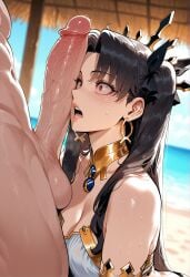 1boy 1girls ai_generated armlet bangs bare_shoulders beach bikini black_hair blue_sky blush breasts cleavage clothing crown curvaceous curvaceous_female curvaceous_figure curvy curvy_figure dark_skin day detached_sleeves earrings erection exhibitionism fate/grand_order fate_(series) female female female_focus hair_ornament hair_ribbon headwear hoop_earrings huge_cock imminent_fellatio ishtar_(fate) jewelry large_breasts large_penis long_hair looking_at_penis male medium_breasts miyuai nipples nude ocean open_mouth outdoors outside parted_bangs penis penis_awe penis_on_face precum red_eyes ribbon sidelocks sky solo_focus straight sweat swimsuit testicles tiara twintails two_side_up veins veiny_penis voluptuous voluptuous_female water white_bikini wide-eyed