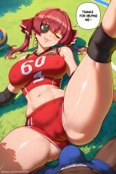 1boy ai_generated ass bare_shoulders blush breasts busty caption comic comic_page commission covered_nipples dialogue english_text erection eyepatch female fit gloves grass hololive houshou_marine indie_virtual_youtuber large_breasts lips long_hair navel patreon patreon_url patreon_username pink_hair pov shorts sinderellaart smile solo_focus straight sweat text text_bubble thick thick_legs thighs toned_female virtual_youtuber volleyball_uniform volleyballthick_thighs voluptuous vtuber youtube youtuber