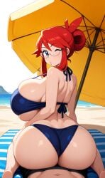 ai_generated beach bikini fat_ass glasses huge_breasts lap_sitting looking_back lorelei_(pokemon) pokemon puckered_lips red_hair sitting_on_lap wink