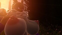 1girls areolae big_breasts chest_tuft digimon renamon sloppydragons solo sunset tagme topless