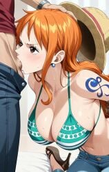 ai_generated big_breasts big_penis bikini_top blowjob blush female kneeling male male/female monkey_d_luffy nami_(one_piece) one_piece orange_hair straw_hat sucking_penis
