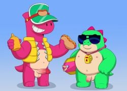 anthro balls big_penis bodily_fluids brawl_stars buzz_(brawl_stars) clothing dinosaur doug_(brawl_stars) dragon duo erection eyewear food genital_fluids genitals green_body hi_res hot_dog humanoid ijpalette-color male male/male mostaza mythological_creature mythological_scalie mythology nude penile penis prehistoric_species reptile scalie simple_background smile supercell_(company) tail