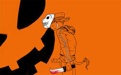 1boy anthro ass bandaid blood blood_stain bloody_knife bottomless clothes color dripping erection hat hoodie humanoid_penis knife looking_at_viewer looking_back male male_only mask orange_(color) overhand_grip penis precum red_blood rhinoceros side_view solo standing tail testicles vein