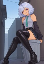 ahoge ai_generated blue_hair boots hatsune_miku hatsune_miku_(cosplay) káeli_xyovka_(character) kaybur_(series) la_coroneta_(series) orange_skin purple_hair smirking smirking_at_viewer tan tan-skinned_female tan_skin tanline tanlines tanned tanned_female tanned_girl tanned_skin