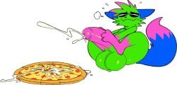 anthro autofootjob balls bodily_fluids bright_colors canid canine canis cum don't_touch_my_pizza_(meme) feet food foot_fetish foot_play footjob fur genital_fluids genitals green_body green_fur horny kevin_(nyanwolf) lewdsnail male mammal masturbation multicolored_body nyanwolf penis pizza simple_background solo sweat teeth thick_thighs wolf wtf