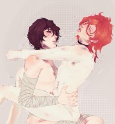 anal_sex bandage blue_eyes brown_eyes brown_hair bsd bungo_stray_dogs bungou_stray_dogs chuuya_nakahara cum dazai_osamu deep_penetration enemies enemies_having_sex enemies_to_lovers gay homosexual male male/male man_tits marks nakahara_chuuya orange_hair osamu_dazai saliva saliva_on_face saliva_on_lips sex suckers two_men