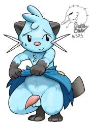 2025 anthro balls bodily_fluids bottomwear clothed clothing clothing_lift crouching dewott digital_media_(artwork) flashing fur generation_5_pokemon genitals hi_res male male_only nintendo nude penis pokemon pokemon_(species) presenting presenting_penis procreate_(artwork) shy signature simple_background skirt skirt_lift smile solo sultryswan sweat sweatdrop tail white_background