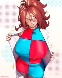 1girls android_21 android_21_(human) big_breasts blue_eyes breasts brown_hair dragon_ball dragon_ball_fighterz female female_only glasses huge_breasts labcoat large_breasts long_hair mikadawn