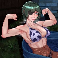 abs armpits bikini cow_print cow_print_bikini cowprint eyepatch flexing himeno_(chainsaw_man) pool sweat sweatdrop sweating teasing tongue_out