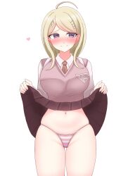 1girls ahoge akamatsu_kaede ass_visible_through_thighs blonde_hair blush breasts cardigan cardigan_vest chiaki_himanagi danganronpa female heart large_breasts lifted_by_self lifting_own_clothes navel necktie panties simple_background skirt skirt_lift skirt_lifted_by_self solo solo_female solo_focus striped_panties underwear white_background