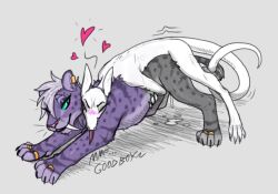 anthro calista_(phlegraofmystery) dialogue doggy_style duo ear_piercing facial_piercing felid female feral from_behind_position fur grey_body grey_fur jewelry male male/female mammal nose_piercing phlegraofmystery piercing prehistoric_species purple_body purple_fur ring_(jewelry) saber-toothed_tiger saz sex silek smilodon white_body