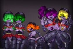 5girls ass asshole blonde_female blonde_hair blonde_hair_female cum cum_in_pussy cum_inside cum_string female female_focus female_only glitch_productions green_eyes green_hair murder_drones nipple_piercing nipples orange_eyes orange_hair purple_eyes purple_hair tuidytury unnamed_character yellow_eyes yellow_hair