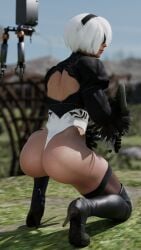 1girls 3d ass ass_focus behind_view close-up dkclaude3d full_body kneeling nier:_automata solo squatting tagme yorha_2b