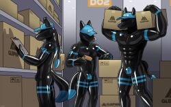 ambiguous_gender anthro box container drone group hacony hi_res invalid_tag male male_only mind_control null_bulge paperwork trio
