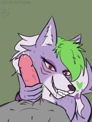 anthro bodily_fluids canid dripping duo eriklechugaa female first_person_view five_nights_at_freddy's five_nights_at_freddy's:_security_breach genitals heart_symbol high-angle_view holding_penis looking_at_viewer male male/female mammal penis purple_body roxanne_wolf_(fnaf) saliva saliva_drip scottgames seductive smile smiling_at_viewer solo_focus steel_wool_studios