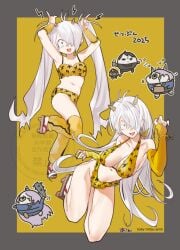 aged_down alternate_costume arm_warmers big_breasts bikini breasts chibi cleavage cute_fang dual_persona female female_focus gegege_no_kitarou genderswap_(mtf) geta ghost_girl hair_over_one_eye kitarou kitarou_tanjou_gegege_no_nazo leg_warmers long_hair looking_at_viewer medama_oyaji_(human) mi_am5 mizuki_(gegege_no_kitarou) oni_horns pale_skin rule_63 smile solo_focus twintails very_long_hair white_hair yellow_background youkai
