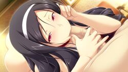 adjusting_hair baiin_reijou_suouin_sakurako_no_zaie black_hair blush censored fellatio female game_cg hairband highres long_hair looking_at_viewer lying nude oral penis pink_eyes ribahara_aki