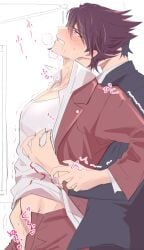 ambiguous_consent blush clothed clothing danganronpa danganronpa_v3 dubious_consent gay hand_down_pants kaito_momota male male/male male_focus male_only momota_kaito muscular muscular_male nipple_pinch pinching_nipples shidou1998 yaoi
