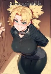 ai_generated big_breasts big_thighs blushing hands_behind_back looking_down naruto ninja novelai patreon teenage_girl temari