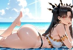 1girls ai_generated armlet ass bangs bare_legs bare_shoulders barefoot beach beach_towel bikini black_bikini black_bow black_hair black_ribbon blue_sky blush bow bracelet breasts cleavage clothing cloud crown curvaceous curvaceous_female curvaceous_figure curvy curvy_figure day earrings exhibitionism fate/grand_order fate_(series) feet feet_up female female female_focus female_only gold_trim grin hair_ornament hair_ribbon hairbow head_rest hoop_earrings inviting inviting_to_sex ishtar_(fate) jewelry large_breasts legs lips long_hair looking_at_viewer looking_back looking_to_the_side lying mismatched_bikini miyuai nail_polish ocean on_side on_stomach outdoors outside parted_bangs parted_lips presenting presenting_ass presenting_breasts presenting_hindquarters presenting_self red_eyes ribbon sand seductive seductive_look seductive_smile shiny_skin sky smile soles solo swimsuit the_pose thighs thong_bikini tiara toes towel twintails two_side_up voluptuous voluptuous_female water wet white_bikini