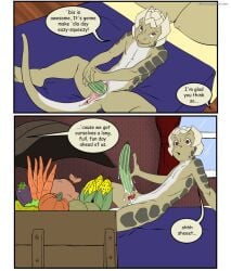 1boy 1girls bed casual_nudity comic female furry improvised_sex_toy jaq_(ssn_inc) male room scalie shane_nelson size_difference spread_legs ssn_inc vaginal_penetration vegetable vegetable_dildo