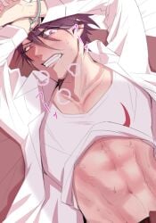 abs blush danganronpa danganronpa_v3 handcuffs hands_above_head kaito_momota male male_focus male_only momota_kaito muscular muscular_male shidou1998 shirt_up solo solo_focus solo_male