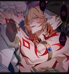 breath_cloud flame_reaver_(honkai:_star_rail) gay male/male male/male/male mydei_(honkai:_star_rail) phainon_(honkai:_star_rail) playing_with_nipple praise_kink threesome yaoi