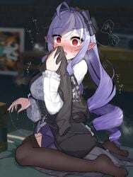 @_@ ahoge ascot blurry blurry_background blush bow caught center_frills commentary_request drill_hair embarrassed female female_masturbation frills hairband highres indoors long_hair long_sleeves looking_at_viewer masturbation open_mouth pointy_ears purple_ascot purple_bow purple_hair purple_hairband pussy_juice pussy_juice_puddle pussy_juice_stain pussy_juice_trail red_eyes shrug_(clothing) sidelocks sitting smelling solo very_long_hair vivian_banshee wararu_(user_uecx7457) wariza white_shrug zenless_zone_zero