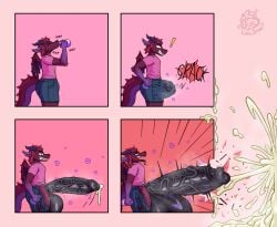 anthro balls big_balls big_penis black_penis blush bodily_fluids breaking_the_fourth_wall clothed clothing comic cum cumshot digital_media_(artwork) dragon dripping ejaculation english_text erection excessive_cum excessive_genital_fluids genital_fluids genitals growth hair hi_res horn huge_balls huge_cock humanoid_genitalia humanoid_penis hyper hyper_balls hyper_cum hyper_genitalia hyper_penis ifnis lino_the_lion male musk musk_clouds musky_balls musky_penis mythological_creature mythological_scalie mythology nude orgasm particles penile penis potion potion_bottle precum precum_drip red_body scalie shaded shaded_line_art simple_background solo tail text wings