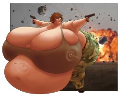 1girls ass belly belly_overhang belt breasts brown_hair bullet camo camo_print camouflage_pants candlebars colossal colossal_breasts fat female female_focus female_only green_eyes gun guns hips hyper hyper_ass hyper_belly hyper_breasts kimberlyn_(wilfordbrimley) large_ass large_breasts overweight overweight_female stomach tank_top thick_thighs thighs weapon weapons weight_gain wide_hips