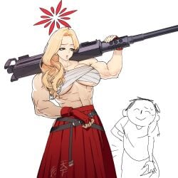 akemi_(blue_archive) bandage gun machine_gun muscular muscular_female yanolza01