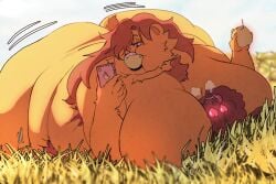 3:2 anthro ass badulldoo bear big_breasts big_butt bouncing_butt breasts canid canine canis cellphone domestic_dog duo electronics female food food_in_mouth fruit grass heart_eyes heart_symbol huge_breasts huge_butt larger_female laying_on_another laying_on_top lenora_(suicunicide) male male/female mammal nude nude_female obese obese_anthro obese_female overweight overweight_anthro overweight_female pear phone plant poodle size_difference smaller_male smothering sui_(suicunicide) wobbling_ass